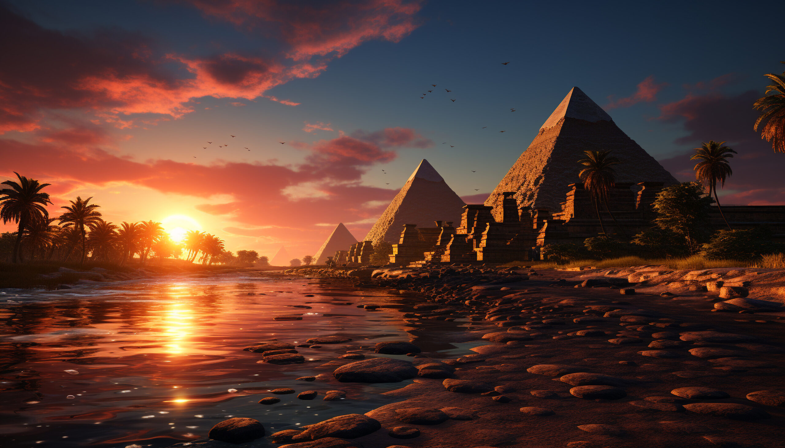 Sunset over ancient ruins, reflecting on tranquil water, a spiritual scene generated by artificial intelligence
